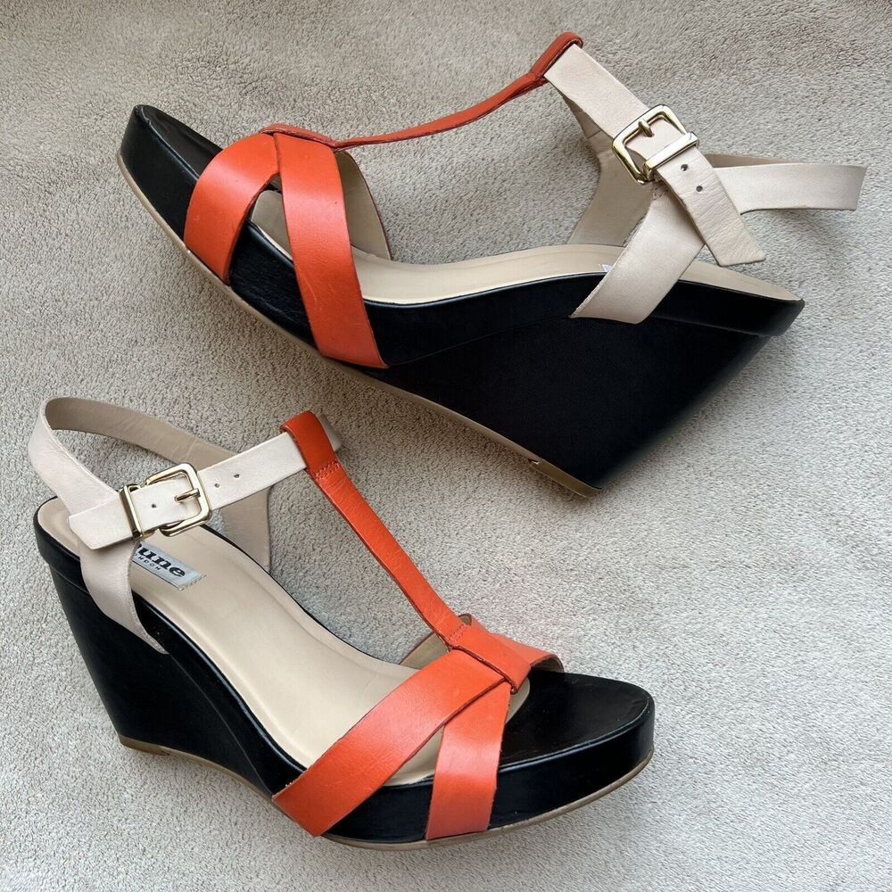 Dune London‎ Gangster Orange Black Tan Leather Wedge Sandal Shoes EU 40 US 10